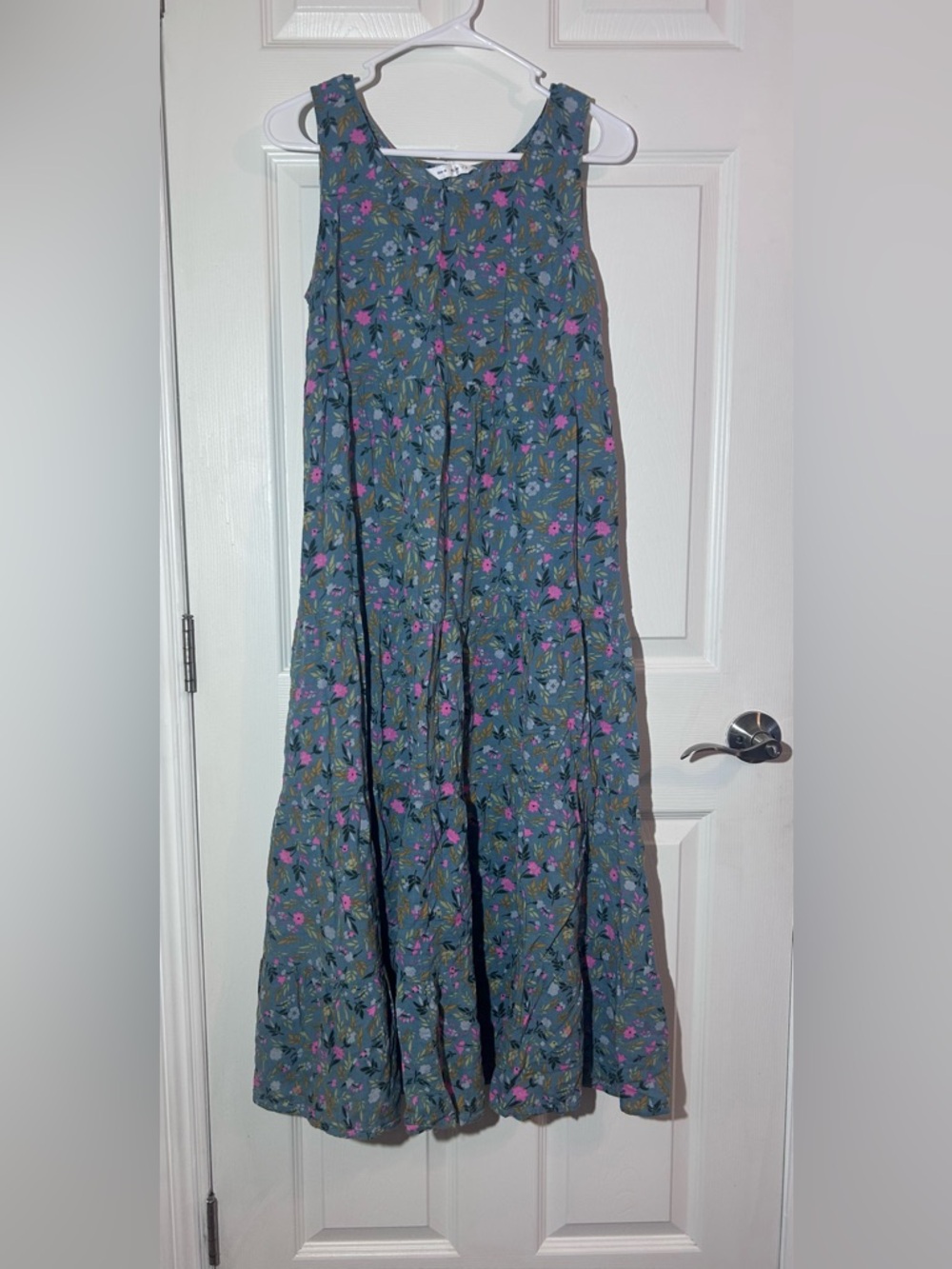 Floral Bontanical Tiered Boho Midi Dress in Teal with Pink Blooms Sz M